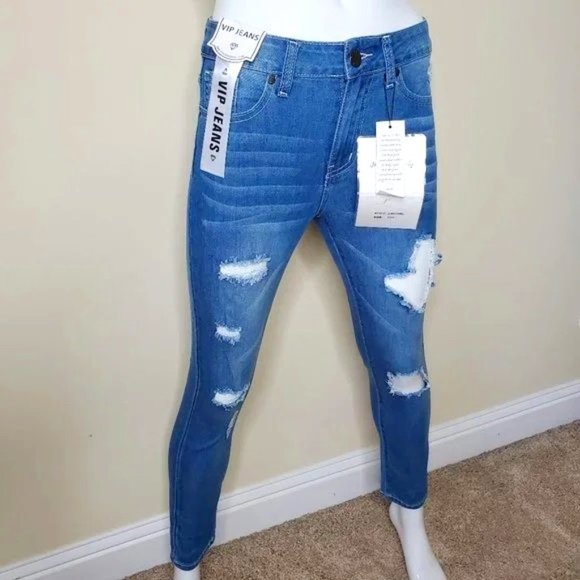 VIP Women's Light Blue Distressed Ankle Length Hi Rise Denim Jean SZ 1/25 - Picture 6 of 8